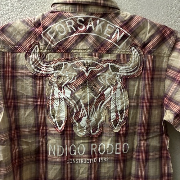 Indigo Star Vintage Button Down Shirt Short Sleeve Cotton Plaid BackRodeoPrint S - Picture 10 of 16